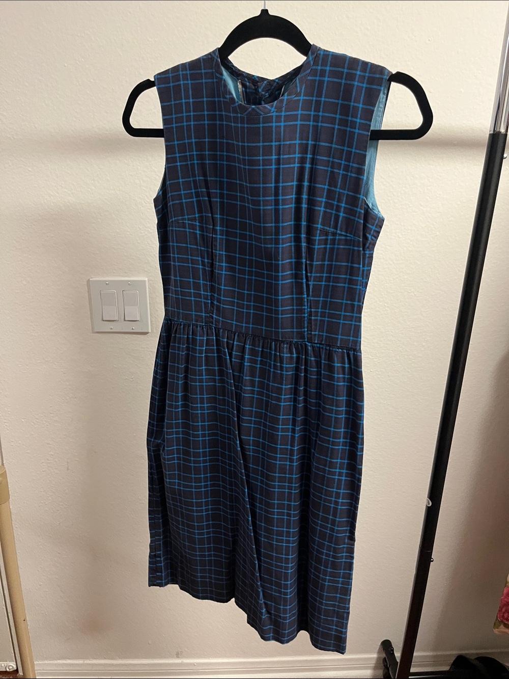 Sleeveless Navy Dress with Blue Windowpane Plaid